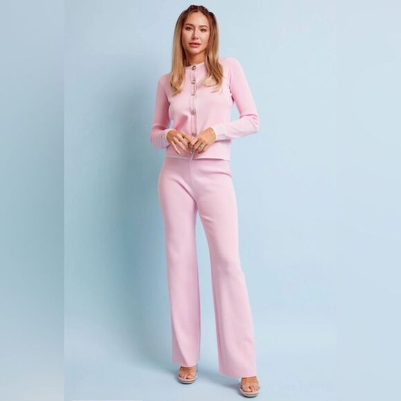 093. KNIT BUTTON DOWN CARDIGAN WITH PANT SET- LIGHT PINK - Picture 2 of 3